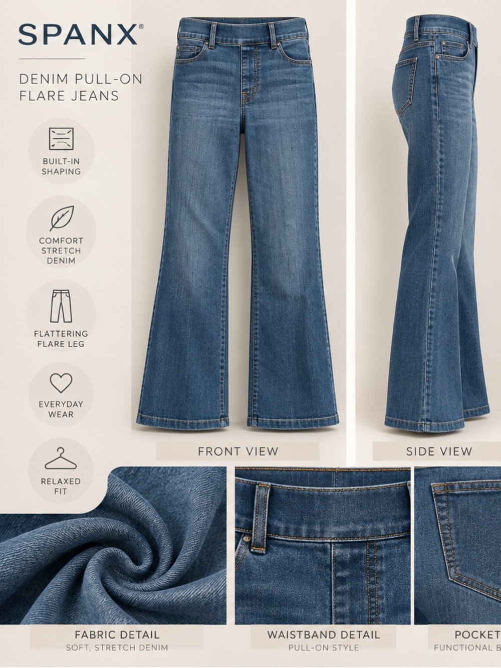 SPANX XL LONG Mid-Blue Flare Jeans - Pull-On Wide Leg